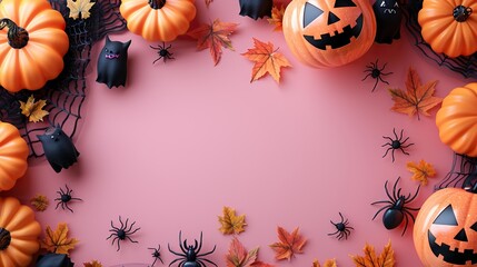 Wall Mural - A modern Halloween flat lay features pumpkins, spiders, and ghosts on a pink background, offering a fresh and fun design for a top view layout.