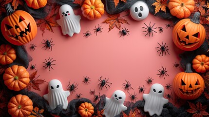 Wall Mural - A modern Halloween flat lay features pumpkins, spiders, and ghosts on a pink background, offering a fresh and fun design for a top view layout.