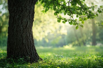 Wall Mural - tree trunk with green grass. perfect for showcasing nature and environmental themes.