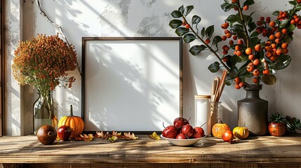 Wall Mural - A picture frame mockup with autumn fall decorations is set against a tile wall background for a Thanksgiving or Halloween holiday poster design.