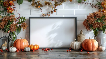 Wall Mural - A picture frame mockup with autumn fall decorations is set against a tile wall background for a Thanksgiving or Halloween holiday poster design.