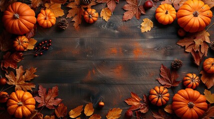 Wall Mural - Pumpkins and autumn leaves on a wooden table create a warm and inviting Thanksgiving Day greeting card template with top view and ample copy space.
