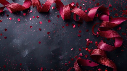 Red party streamers and confetti scatter across a black background, creating a festive banner mockup for Black Friday, happy birthday, or Valentine's Day.