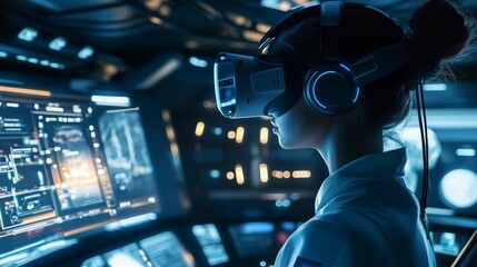 Woman in a futuristic setting wearing a VR headset.