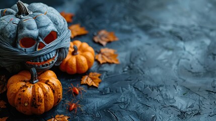 Wall Mural - A Halloween poster design includes decorations such as pumpkins, a skull, spiders, and skeleton hands wrapped in bandages on a concrete stone table.