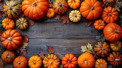 Wall Mural - A seasonal background with pumpkins arranged on a wooden table reflects the harvest and Thanksgiving Day concept.