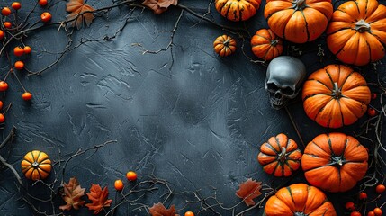 Wall Mural - A spooky Halloween flat lay features orange pumpkins, skeleton arms, a skull, and a tree branch with spider webs on a stone desk, complete with copy space.