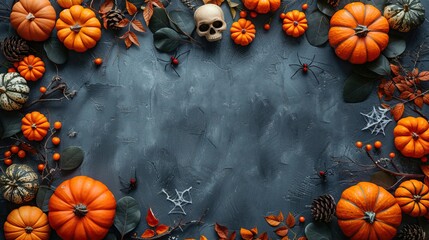 Wall Mural - A spooky Halloween flat lay features orange pumpkins, skeleton arms, a skull, and a tree branch with spider webs on a stone desk, complete with copy space.