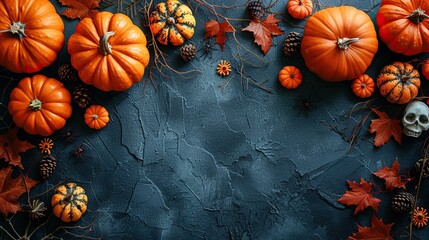 Wall Mural - A spooky Halloween flat lay features orange pumpkins, skeleton arms, a skull, and a tree branch with spider webs on a stone desk, complete with copy space.