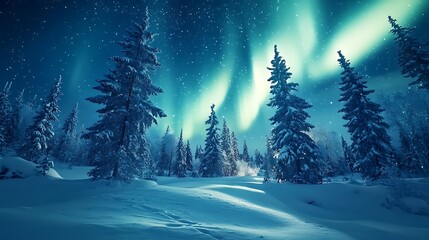 Wall Mural - Northern Lights Illuminating a Snowy Forest