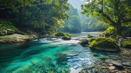 The water is blue and green