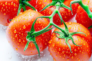 Wall Mural - White and red tomatoes with drop of water on the. food pattern fruit concept. white and yellow water drops on a green with tomatoes and vegetables. a white with a tomato and a few drops water of.