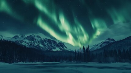 Wall Mural - Northern Lights Over Snowy Mountains