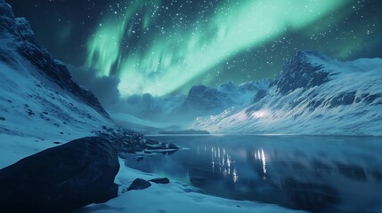 Wall Mural - Aurora Borealis over Frozen Mountains