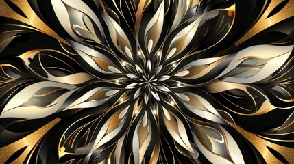 Elegant abstract black, gold, and white floral pattern background with intricate geometric design - luxurious ornamental texture ideal for modern art, home decor, wedding invitations, and sophisticate