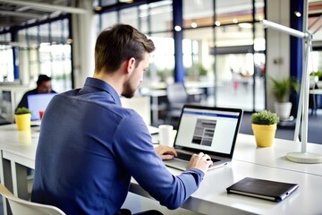 Sticker - Businessman working on laptop in office, office employment 