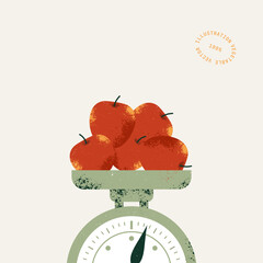 Retro scale with fresh apples. Vintage style illustration. 