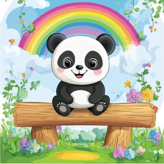 Wall Mural - Cute cartoon panda sitting on the wood in garden with rainbow background vector