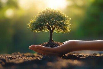 Hand holds small tree with soil. Represents growth, new beginnings, and environmental care.