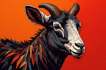 Goat head with horns on an orange background. Vector illustration. ai generated