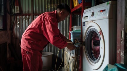 A man in red overalls repairs a white washing machine in a cluttered workshop.