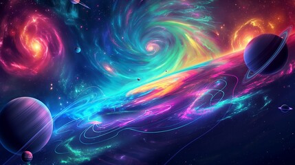 Wall Mural - A swirling galaxy of neon colors, with stars and planets depicted in bright, glowing hues against the vastness of space.