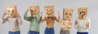 © Studio Romantic - Portrait of a group of faceless anonymous people in casual clothes standing in a row on gray background with paper bag on head with drawn different emotions, smile and upset faces. Banner.