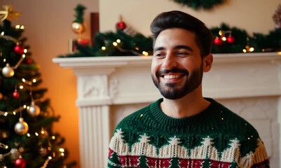 Canvas Print - Portrait of a handsome young man in a christmas sweater on the background of a fireplace