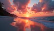 © 藤川忠彦 - Stunning Sunset Over Calm Ocean with Vibrant Red and Orange Sky Reflecting on Serene Beach Shoreline - Tranquil Nature Scene Captured at Golden Hour