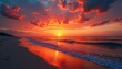 © 藤川忠彦 - Stunning Sunset Over Calm Ocean with Vibrant Red and Orange Sky Reflecting on Serene Beach Shoreline - Tranquil Nature Scene Captured at Golden Hour