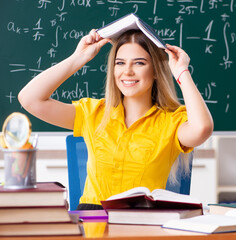 Wall Mural - Young female student in front of the chalkboard