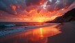 © 藤川忠彦 - Stunning Sunset Over Calm Ocean with Vibrant Red and Orange Sky Reflecting on Serene Beach Shoreline - Tranquil Nature Scene Captured at Golden Hour