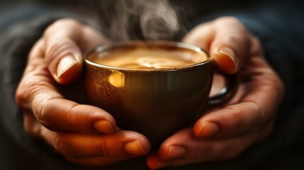 A close-up of hands holding a steaming cup of coffee