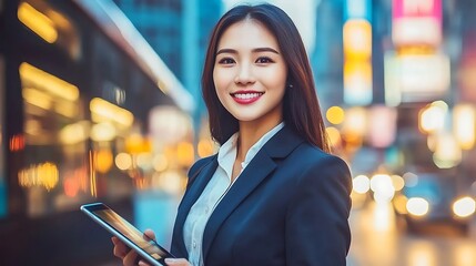 A confident young Asian woman in a business suit stands in a bustling city street, smiling while holding a tablet, showcasing a modern professional vibe.