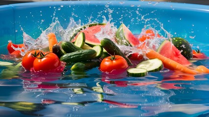 A variety of fresh fruits and vegetables splashing into calm, clear water. 