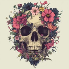 Wall Mural - Human skull adorned with a vibrant floral crown, a symbolic artwork.