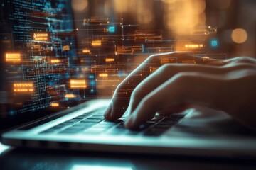 Wall Mural - Close-up of hands typing on a laptop with glowing data flowing from the keyboard to the screen, illustrating a futuristic business concept.