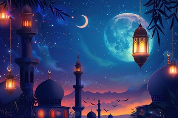 A serene night scene featuring a moonlit sky, lanterns, and ornate architecture.