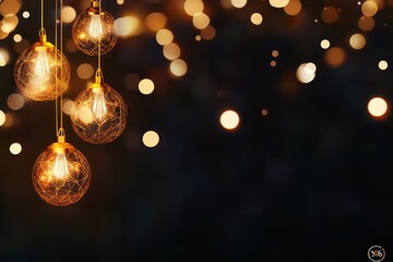 Aufkleber - Golden string lights hanging against a dark background with bokeh effect, perfect for a festive and cozy ambiance.