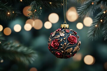 Aufkleber - Ornate Christmas bauble with red roses hanging on a tree, surrounded by twinkling lights, creating a festive holiday atmosphere.