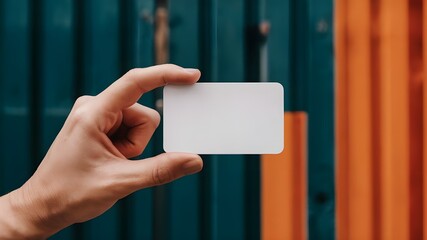 A modern business card design, featuring a plain white card with rounded corners held by a smooth, outstretched hand.