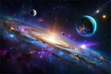 Wall Mural - Planets of the solar system and planet Earth, galaxies, stars and nebula.