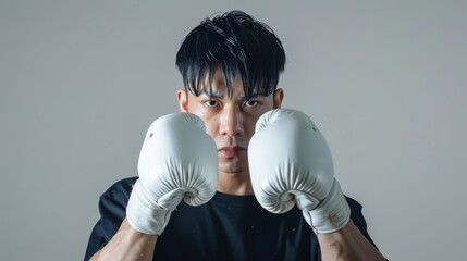 Wall Mural - A focused boxer in black attire and white gloves poses confidently, ready for challenge, against a soft-colored backdrop conveying calm determination.