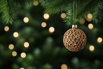 Aufkleber - Beautiful close-up of a gold Christmas ornament hanging on a tree with blurred lights in the background. Perfect holiday decor.