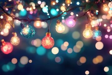 Aufkleber - Colorful string lights glowing against a bokeh backdrop, creating a festive and dreamy atmosphere perfect for celebrations and holidays.