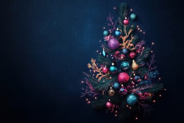 Aufkleber - Elegant Christmas tree with colorful ornaments and lights on a dark blue background, perfect for holiday and festive themes.