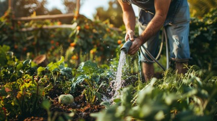 Canvas Print - Man watering a diverse vegetable garden, illuminated by natural sunlight, depicting an act of care and cultivation.