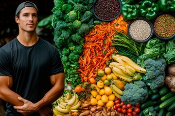 Wall Mural - Young man poses beside a vibrant display of fresh fruits and vegetables at a market during daylight