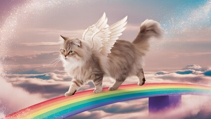 A cat with angel wings walking on a rainbow bridge among the clouds