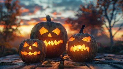 Three Jack-o'-lanterns of varying sizes are sitting on a wooden surface at sunset